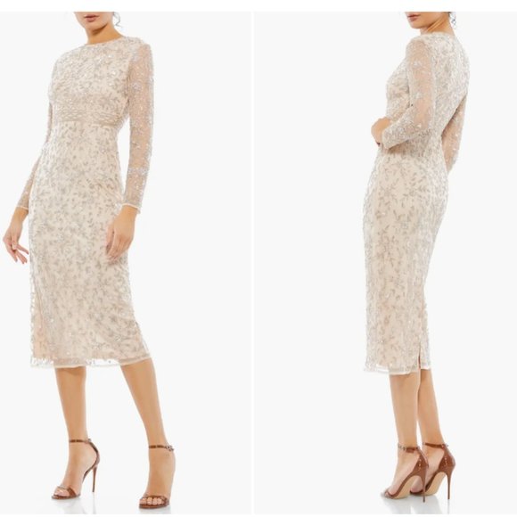 MAC DUGGAL 10812 BEADED TEA LENGTH SEMI SHEER SLEEVE PORCELAIN MIDI DRESS sz 10 - Picture 5 of 5